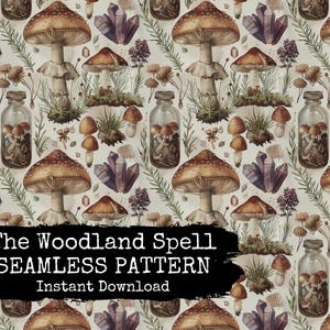 File digitale senza giunture della strega della foresta - Cristalli di funghi e motivo ripetuto di barattoli di incantesimi - Download istantaneo - Uso commerciale consentito