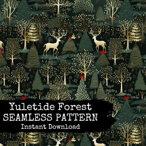 Puede incluir: Un patrón sin costuras que presenta una escena de bosque dorado y verde con ciervos, árboles y bayas rojas. El texto "Yuletide Forest Seamless Pattern Instant Download" está en la parte inferior de la imagen.