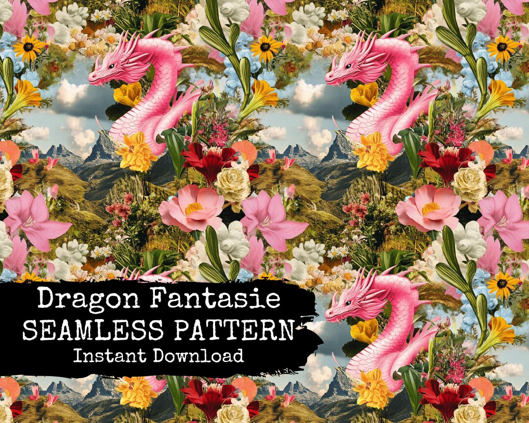 Dragon Seamless Pattern - Quirky Pink Floral Dragons Mixed Media ...