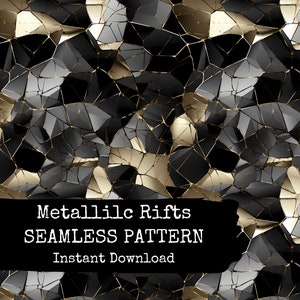 May include: Abstract seamless pattern featuring a black and gold metallic geometric design. The pattern is made up of many small, irregular shapes that are connected by thin lines. The gold lines create a rippling effect, giving the pattern a sense of movement.