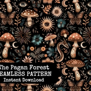 Design della superficie del modello digitale Pagan Forest - File del modello senza soluzione di continuità Witchy - Download immediato della carta digitale Mushroomcore - Uso commerciale