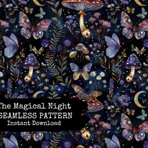 Celestial Witch Garden Seamless PNG Datei - Dunkles Blumen und Schmetterling Digital Muster zum sofortigen Download - Dark Botanicals Surface Design