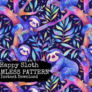 Może przedstawiać: Wzór bez szwów przedstawiający kolorowe leniwce wiszące na gałęziach z efektem tęczowego gradientu. Tło jest ciemnoniebieskie z gwiazdami i liśćmi. Tekst "Happy Sloth Seamless Pattern Instant Download" znajduje się na dole obrazu.