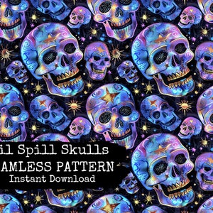 May include: A seamless pattern featuring colourful, iridescent sugar skulls with gold accents on a black background with gold stars. The skulls have intricate designs and are set against a dark, starry night sky.