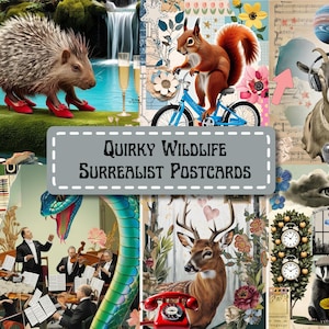 Cartes postales éphémères imprimables animaux de la forêt surréalistes - Pages numériques de journal indésirable animaux insolites - téléchargement immédiat - usage Commercial autorisé