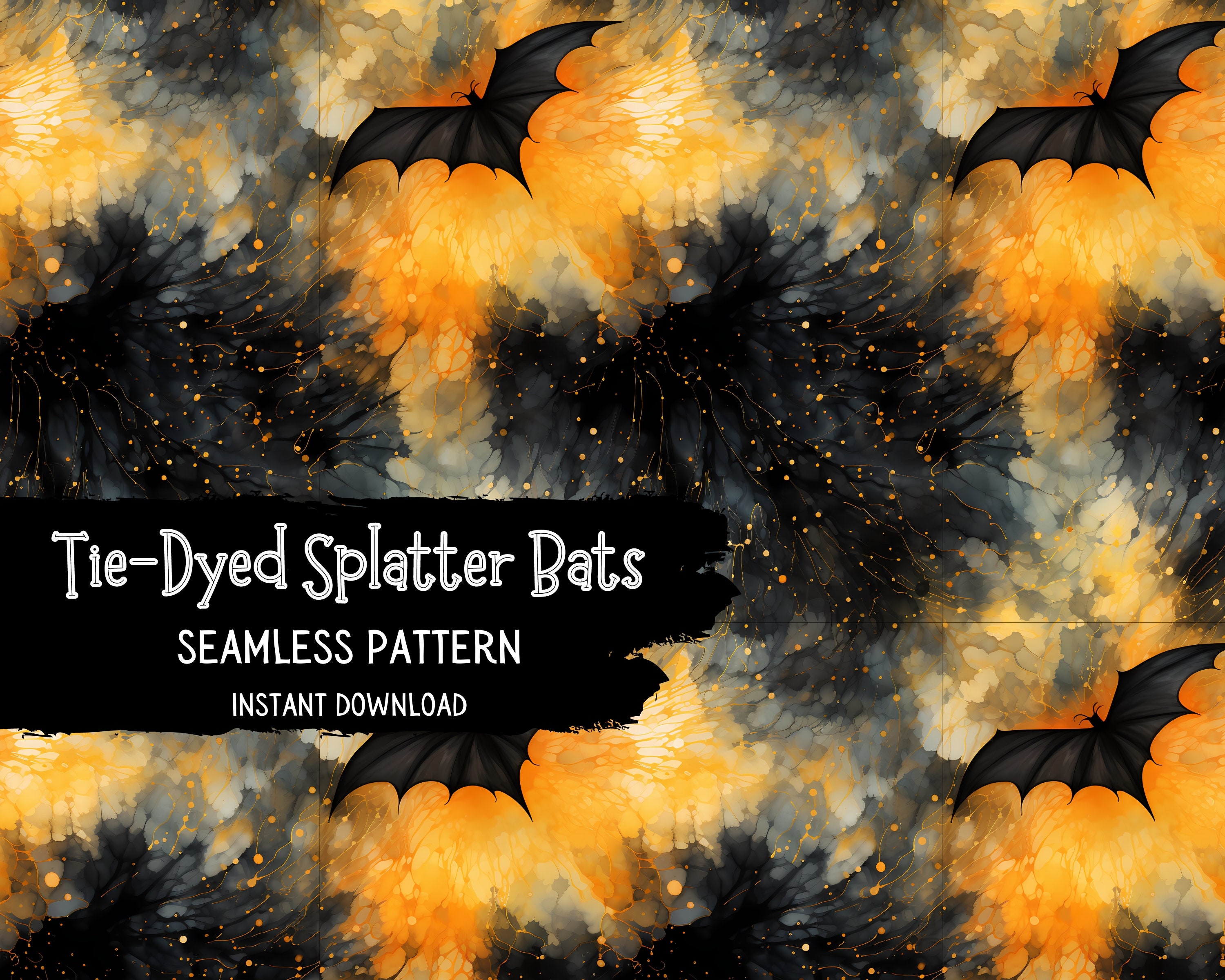 Moody Tie Dye Halloween Seamless Pattern File Splatter Bats for Instant