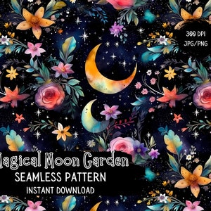 Arquivo de padrão sem costura Witchy Night Garden - Papel digital celestial - Download instantâneo - Uso comercial permitido - Impressão sob demanda