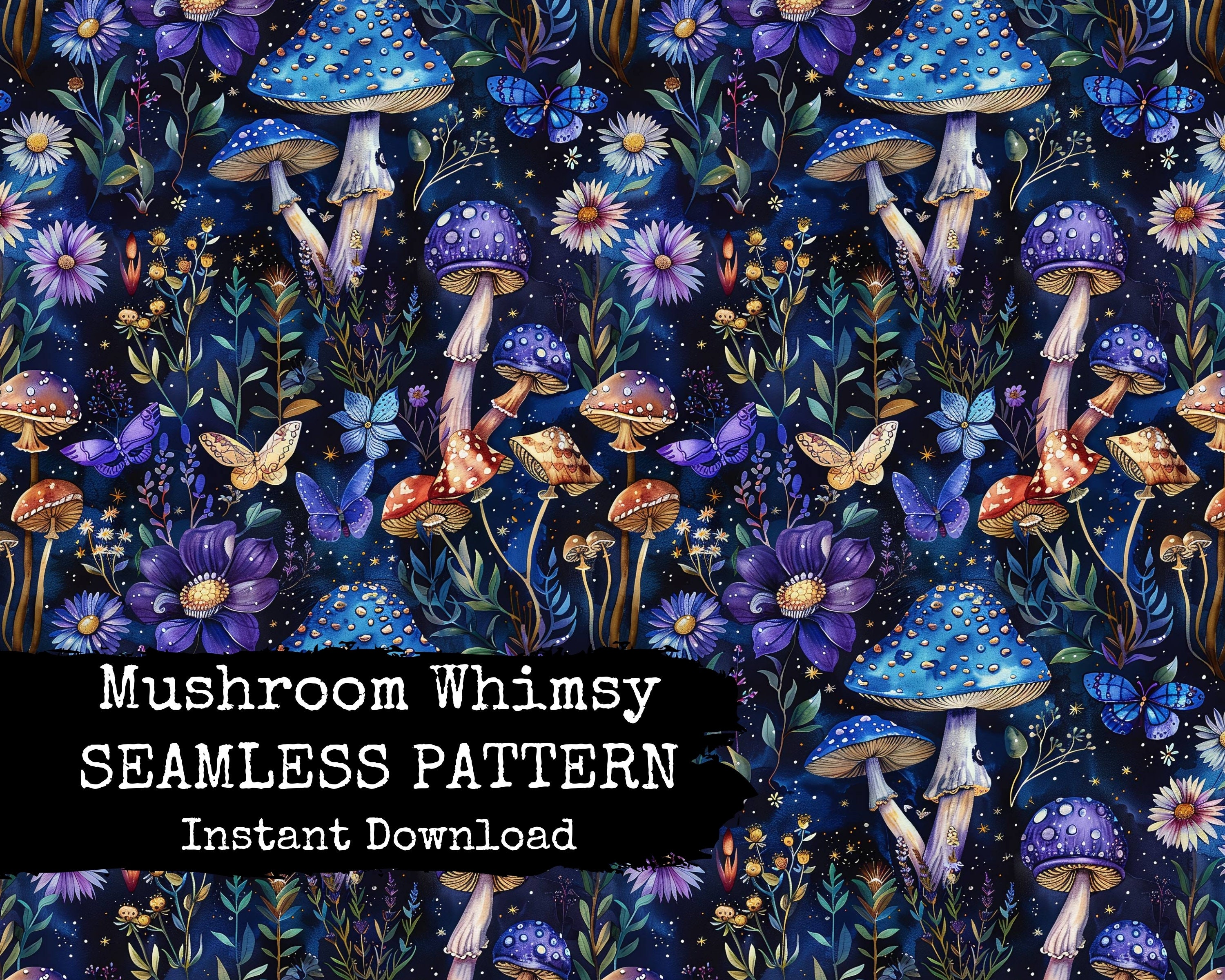 Whimsical Mushroom Seamless Pattern File - Dark Botanical Florals Digital Paper and Surface Design - Instant Download - Commercial Use