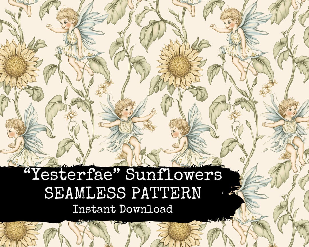 Vintage Fairy Digital Seamless File - Retro Sunflowers and Fairies ...