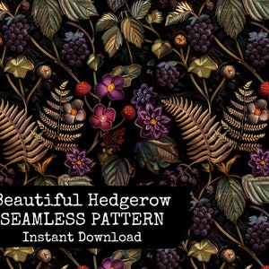 May include: A seamless pattern featuring a dark background with gold and purple floral embroidery. The pattern includes blackberries, ferns, and flowers.