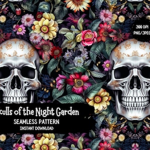 Sugar Skulls in Night Garden - Skull Seamless Pattern for Instant Download - Commercial Use Permitted