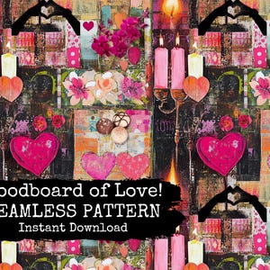 File di collage di moodboard di San Valentino con motivo senza soluzione di continuità - Carta con motivo ripetuto di cuori e fiori romantici - Uso commerciale consentito