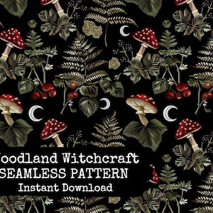 File modello senza soluzione di continuità Woodland Witchcraft - Design superficie digitale Dark Forest - Carta da parati floreale scura - Download immediato - Uso commerciale