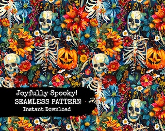 Diseño de patrón sin costuras de esqueleto de acuarela de Halloween - Archivo de patrón repetido de esqueleto digital - Descarga instantánea - Uso comercial permitido