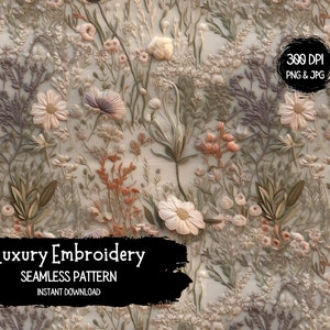 Faux Embroidery Floral Seamless Pattern File - Neutral Boho Flowers Digital Repeating Pattern Paper for Instant Download - Commercial Use