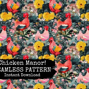 Chicken Collage Seamless Pattern Design for Instant Download - Digital Farmyard Chickens Repeating Pattern File - Comm Use Permitted
