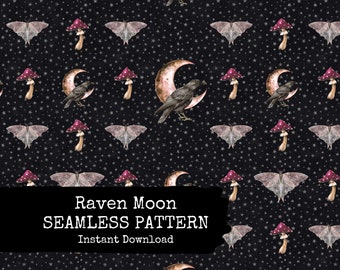 Witchy Seamless File - Raven, Crescent Moon, Mystical Mushrooms and Luna Moths Digital Paper - Instant Download - Commercial Use Permitted