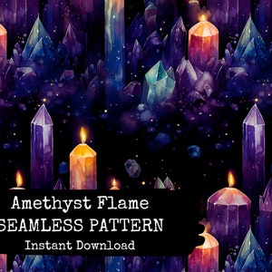 Crystal Seamless Pattern File Mystical Witchy Amethyst Candles Surface Design Instant Download Digital Paper Commercial Use Permitted image 1