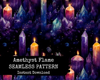 Crystal Seamless Pattern File - Mystical Witchy Amethyst Candles Surface Design - Téléchargement instantané du papier numérique - Utilisation commerciale autorisée