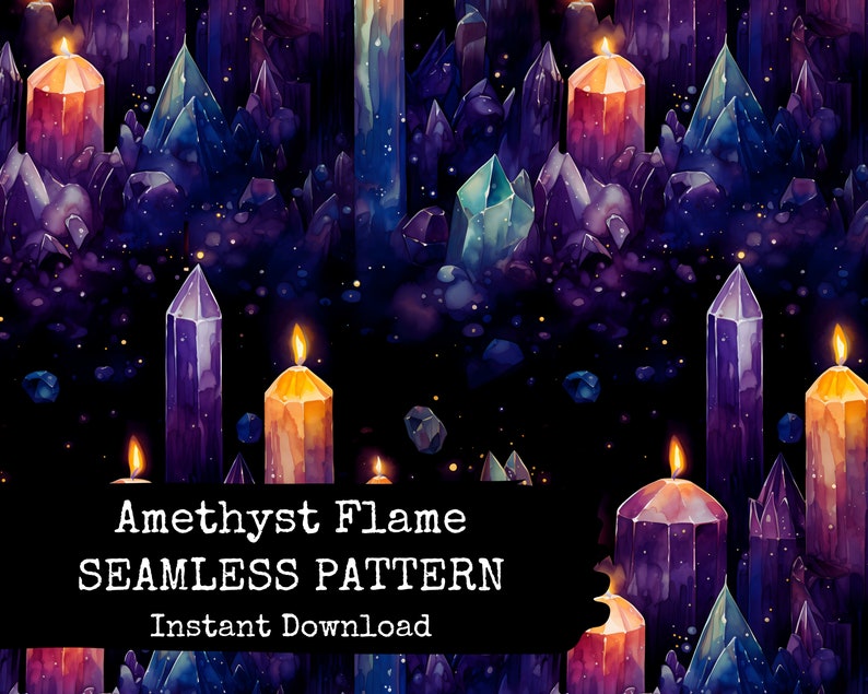 Crystal Seamless Pattern File Mystical Witchy Amethyst Candles Surface Design Instant Download Digital Paper Commercial Use Permitted image 1