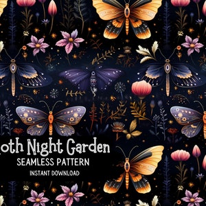Witchy Night Garden Seamless Pattern File -- Moths, Mushrooms, and Butterflies -- for Instant Download