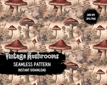 Vintage Cottagecore Digital Paper - Antique Magic Mushrooms Seamless Pattern File   - Dark Academia Instant Download - Commercial Use