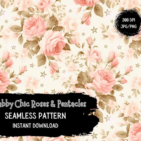 Shabby Chic Digital Paper - Romantic Witchy Seamless Pattern File - Pink Roses and Pentacles - Instant Download - Commercial Use Permitted