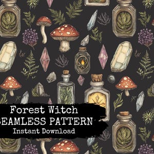Forest Witch Nahtlos Datei - Wald Hexerei mit Kristallen-Wiederholungsmuster und Stoff-Design-Druck - Instant Download