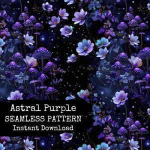 Celestial Purple Mushrooms digitaal herhalend patroonbestand - astral donkere naadloze bloemmotief voor directe download - commercieel gebruik