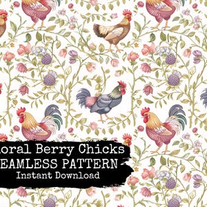 Fichier de motif floral sans couture poulets - aquarelle coqs motif répétitif pour téléchargement immédiat - conception de tissu impression papier numérique