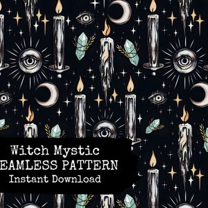May include: A seamless pattern featuring a black background with white stars, moons, and candles. The candles are dripping wax and have a white and grey colour scheme. There are also images of an all-seeing eye with a sunburst design. The text "Witch Mystic Seamless Pattern Instant Download" is at the bottom of the image.