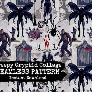 May include: A seamless pattern featuring a collage of creepy cryptids, including a mothman, bigfoot, a deer-like creature, and a spider. The background is a light gray with a vintage, distressed look. The text "Creepy Cryptid Collage Seamless Pattern" is at the bottom of the image.