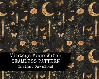 Vintage Moon Witch Seamless Pattern File - Antique Celestial Witchcraft  - Instant Download - Commercial Use Permitted