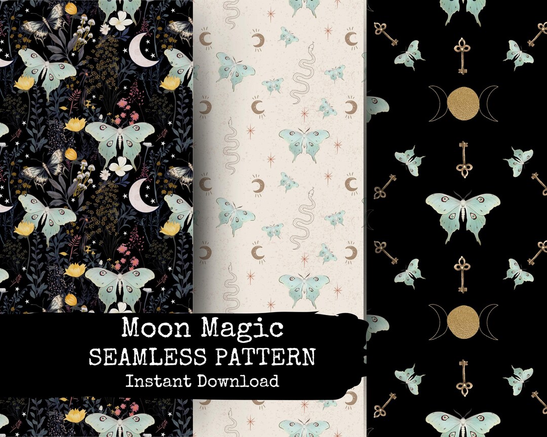 Moon Magic Digital Paper Witchy Seamless Pattern File Luna Moth ...