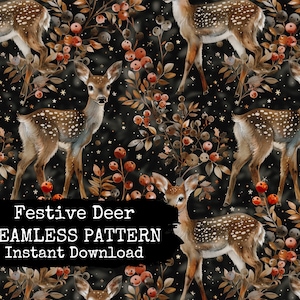 Christmas Deer and Holly Berries Seamless File - Digital Xmas Repeat Pattern - Dark Botanical Print Design for Instant Download