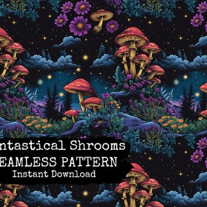 File modello senza soluzione di continuità Mushroom Fantasy - Carta per superficie digitale Night Garden of Mushrooms - Download immediato - Uso commerciale consentito