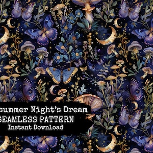 File senza soluzione di continuità da Dreamy Celestial Night Garden, carta digitale con fiori scuri e farfalle per il download immediato, uso commerciale consentito