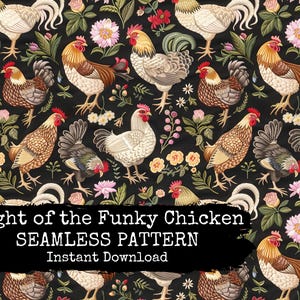 Whimsical Chicken Fabric Design Print - Chickens Embroidery Digital Seamless Repeat Pattern File - Instant Download - Commercial Use Allowed