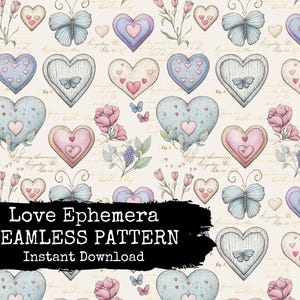 Valentine Ephemera Digital Seamless File - Lovehearts and Flowers Sketch Repeating Pattern Surface Design for Instant Download