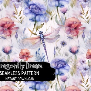 Watercolor Dragonfly Digital Paper/Seamless Pattern for Instant Download - Commercial Use Permitted
