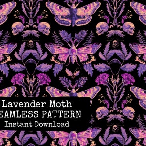 Gotisk himmelsk mal tapet digital sömlös mönsterfil - lila och rosa malar och dödskallar ytmönsterdesign för omedelbar nedladdning