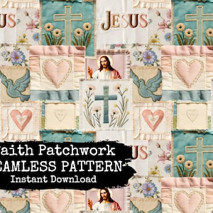 Pode incluir: Um padrão sem costura que apresenta um design de patchwork com imagens religiosas. O padrão inclui cruzes, pombas, corações e a palavra "Jesus". As cores são predominantemente azul, rosa e branco.