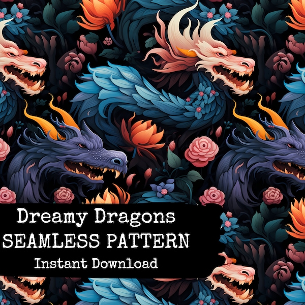 Dreamy Dragons Seamless Pattern File - Mythical Digital Paper for Instant Download - Commercial Sublimation, Print-on-Demand permitted