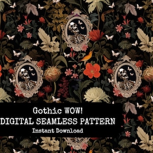 Gothic Florals Nahtlose Muster Datei - Silber Skelette und Rose Gold Schmetterlinge Digital Papier - Instant Download - Kommerzielle Nutzung
