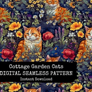 Cottagecore Cat Seamless Pattern File  - Floral Cats Digital Paper for Instant Download - Commercial Use Permitted