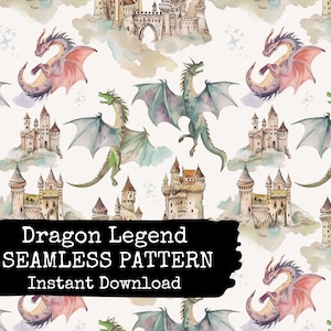 Watercolor Dragons for Kids Seamless Seamless Pattern - Dragons & Castles Surface Design for Instant Download - Commercial Use Permitted