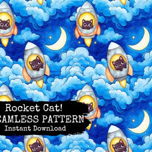 Archivo de patrón sin costuras de gatos astronautas para niños: diseño de patrón repetido para niños de género neutro: gatos y cohetes Descarga instantánea