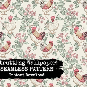 Floral Vintage Huhn Musterdesign-Datei - Hahn Antike Tapete Digitales Muster-Papier - Instant Download - Kommerzielle Nutzung