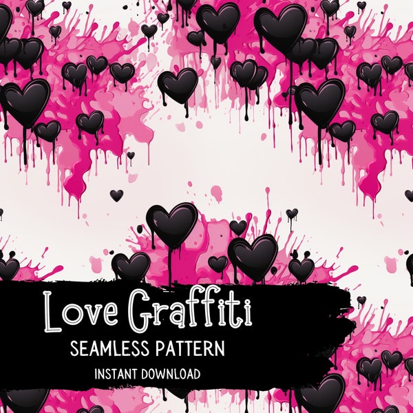 Valentine Graffiti Seamless Pattern File - Black and Hot Pink Love Hearts Digital Paper - Instant Download - Commercial Use Permitted