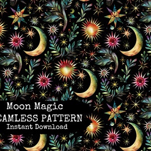 Moon Magic Seamless Pattern File - Witchy Repeat Pattern Tile Digital Paper - Instant Download - Commercial Use Permitted